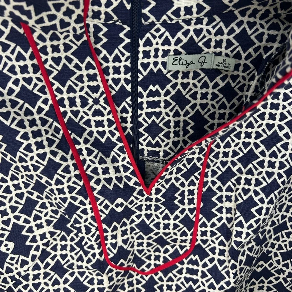 Women’s Eliza J Blue White Geometric Cotton Spandex Designer MIDI Dress Size 6 - Picture 3 of 4